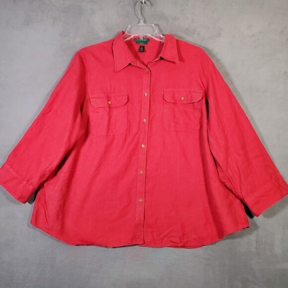 Lauren Ralph Lauren Top Womens 3X Red 100% Linen Button Roll Tab Sleeve Minimal - Picture 1 of 9